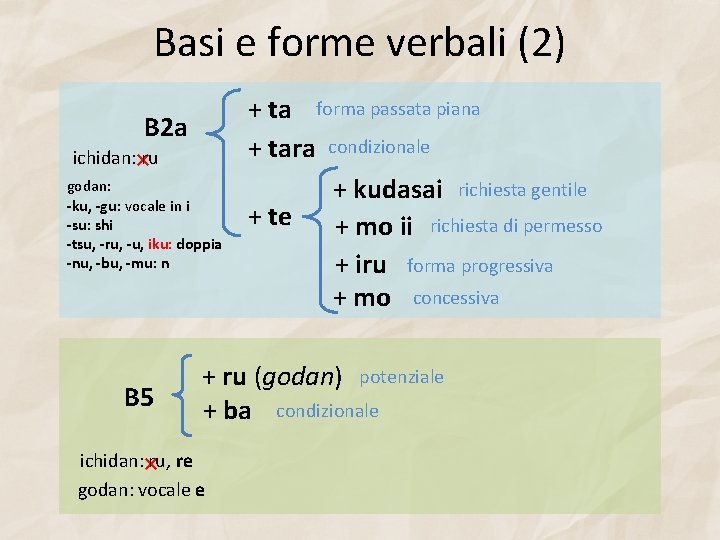 Basi e forme verbali (2) B 2 a ichidan: ×ru godan: -ku, -gu: vocale