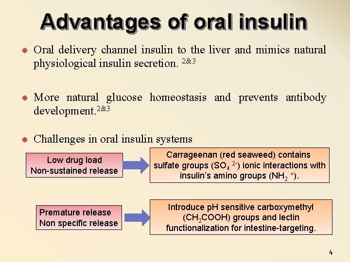 Advantages of oral insulin Oral delivery channel insulin to the liver and mimics natural