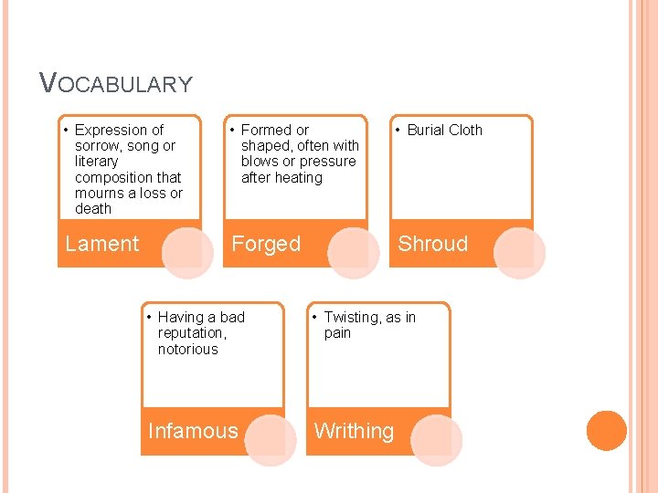 VOCABULARY • Expression of sorrow, song or literary composition that mourns a loss or