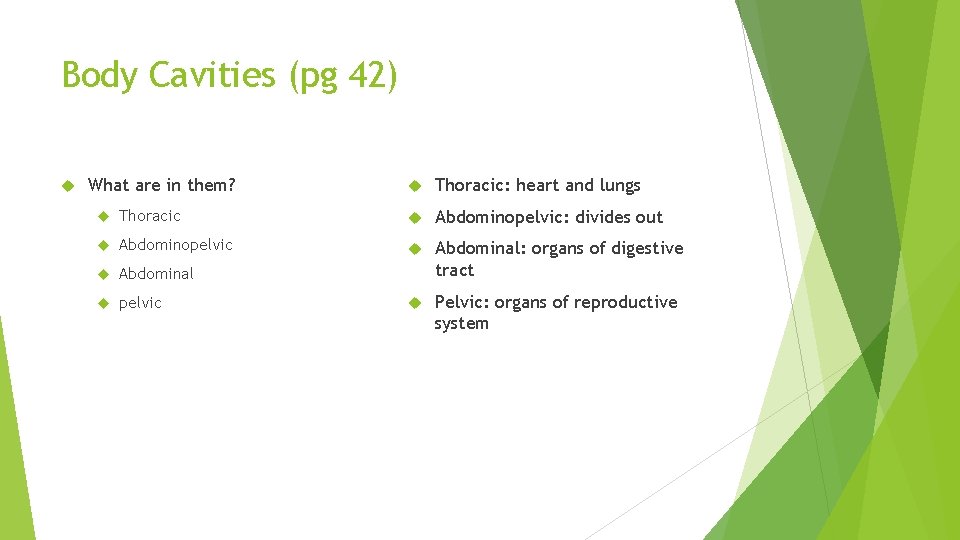 Body Cavities (pg 42) What are in them? Thoracic: heart and lungs Thoracic Abdominopelvic: