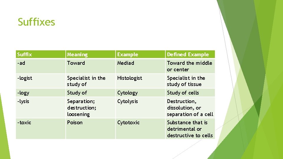 Suffixes Suffix Meaning Example Defined Example -ad Toward Mediad Toward the middle or center