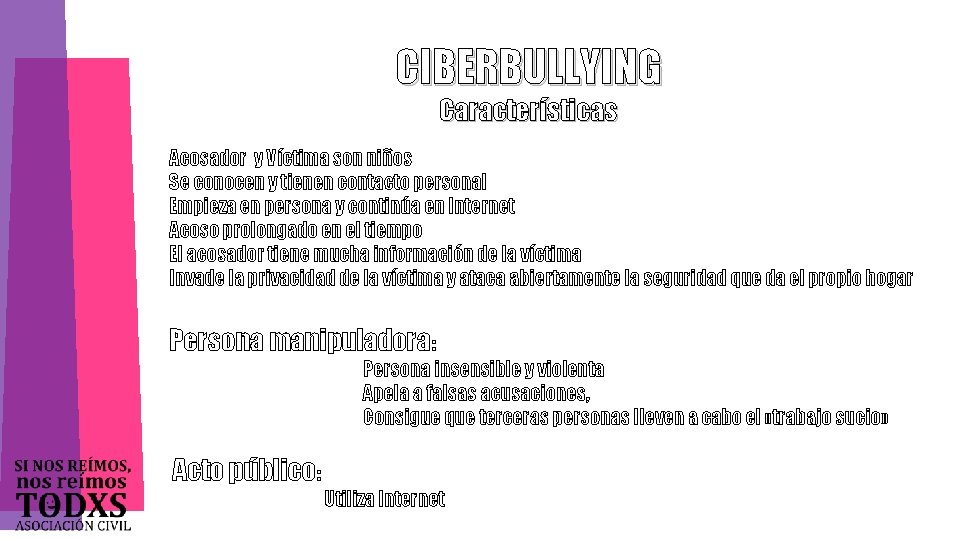 CIBERBULLYING Características Acosador y Víctima son niños Se conocen y tienen contacto personal Empieza