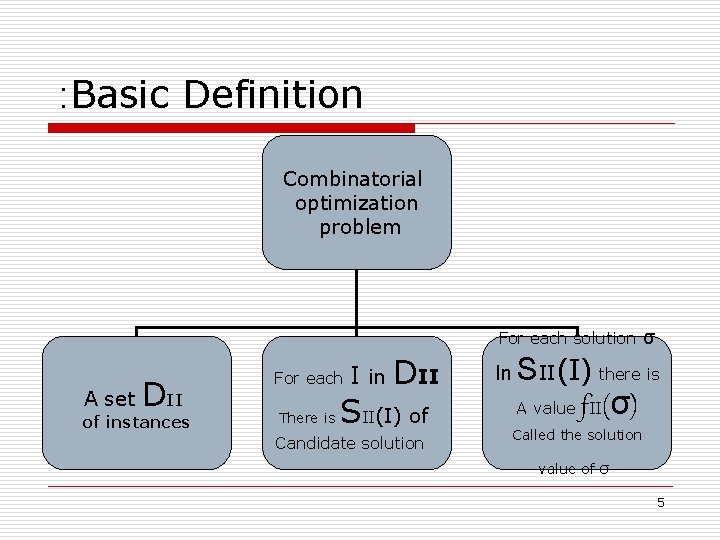 : Basic Definition Combinatorial optimization problem For each solution A set DII of instances