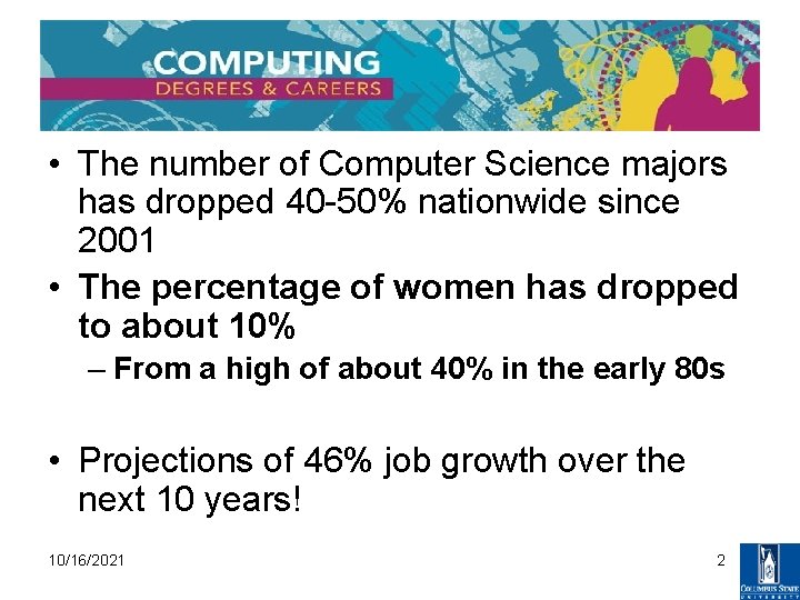  • The number of Computer Science majors has dropped 40 -50% nationwide since