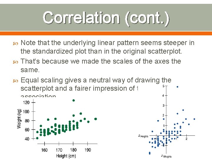 Correlation (cont. ) Note that the underlying linear pattern seems steeper in the standardized