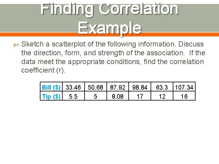 Finding Correlation Example Sketch a scatterplot of the following information. Discuss the direction, form,