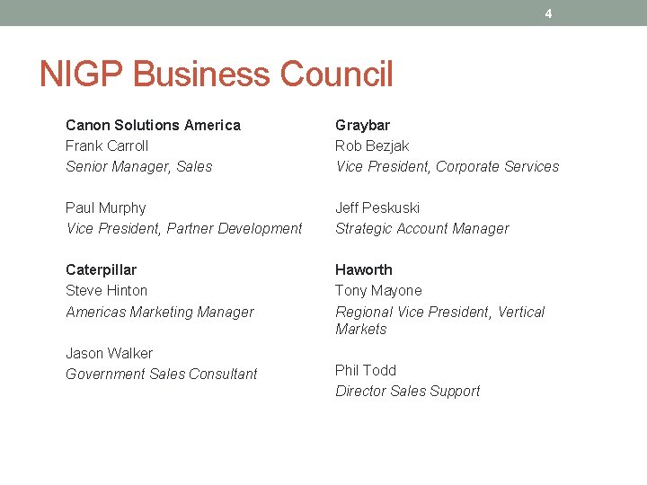4 NIGP Business Council Canon Solutions America Frank Carroll Senior Manager, Sales Graybar Rob