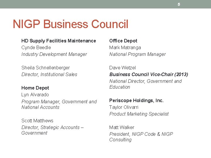 5 NIGP Business Council HD Supply Facilities Maintenance Cynde Beedle Industry Development Manager Office