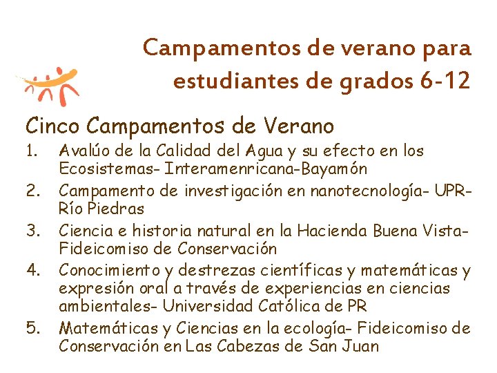 Campamentos de verano para estudiantes de grados 6 -12 Cinco Campamentos de Verano 1.