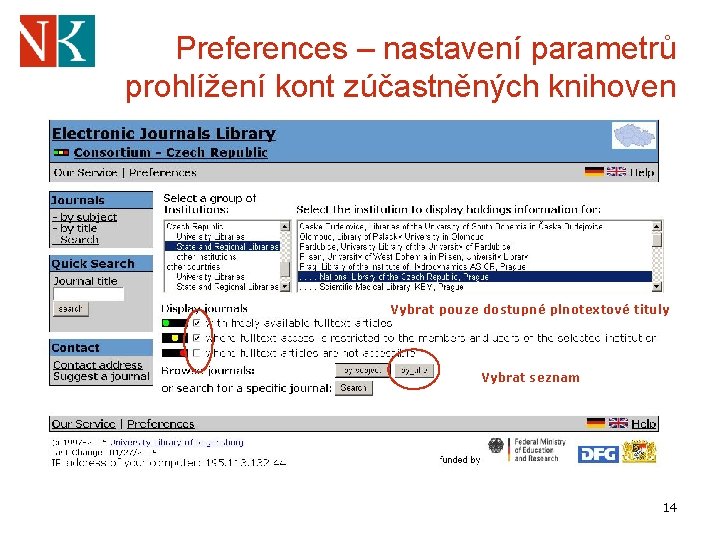 Preferences – nastavení parametrů prohlížení kont zúčastněných knihoven Vybrat pouze dostupné plnotextové tituly Vybrat