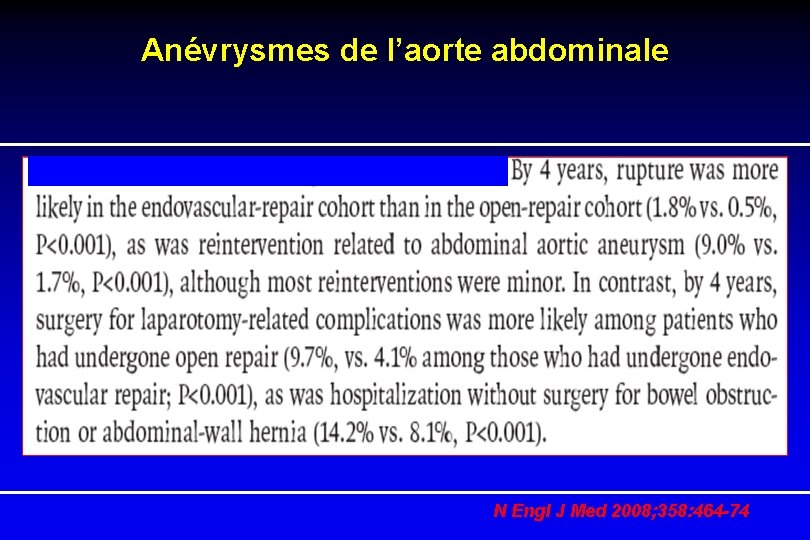 Anévrysmes de l’aorte abdominale N Engl J Med 2008; 358: 464 -74 