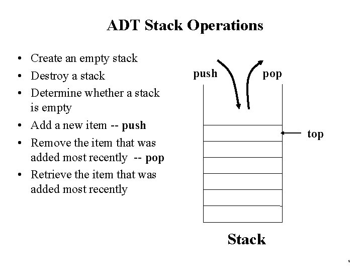 ADT Stack Operations • Create an empty stack • Destroy a stack • Determine