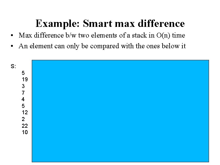 Example: Smart max difference • Max difference b/w two elements of a stack in