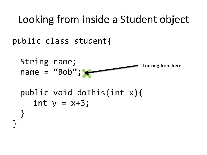 Looking from inside a Student object public class student{ String name; name = “Bob”;
