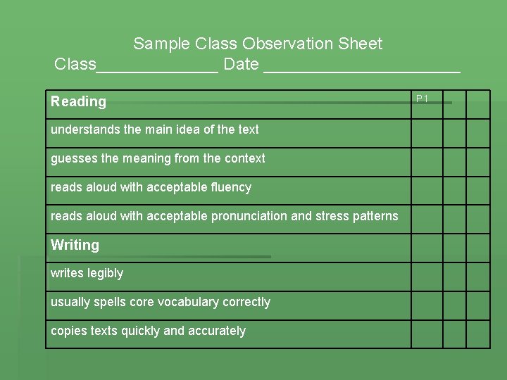 Sample Class Observation Sheet Class_______ Date ___________ Reading understands the main idea of the