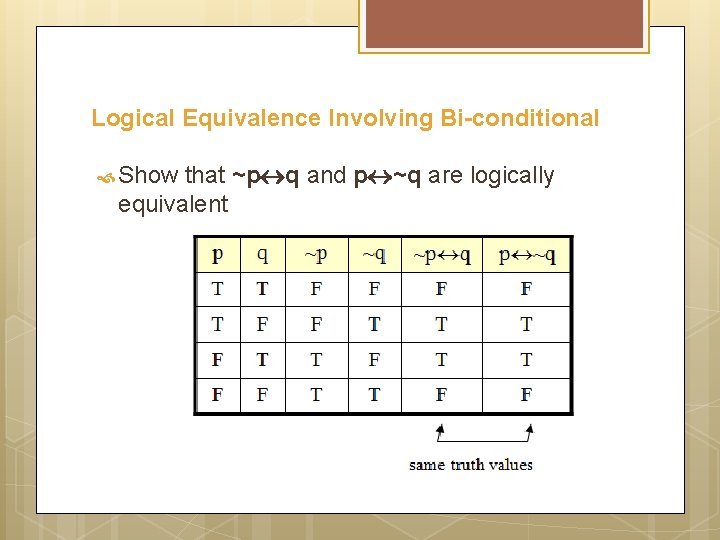 Logical Equivalence Involving Bi-conditional Show that ~p q and p ~q are logically equivalent