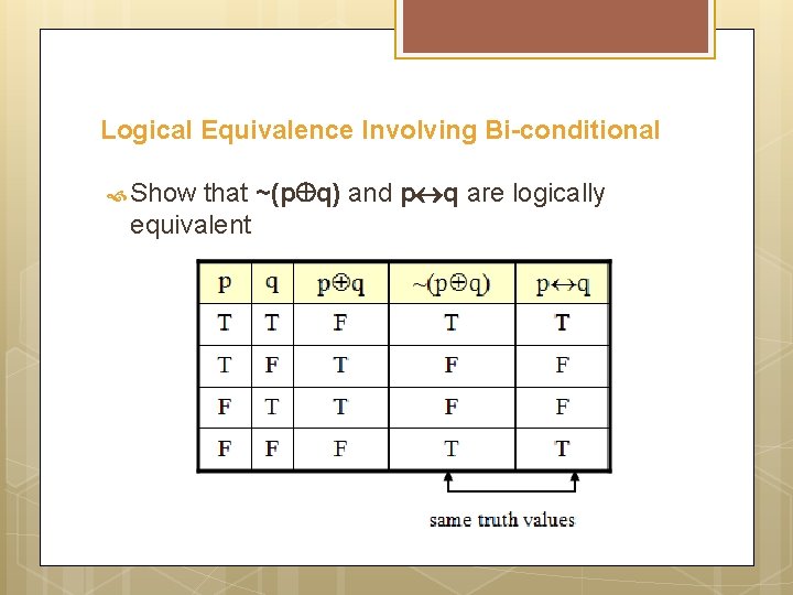 Logical Equivalence Involving Bi-conditional Show that ~(p q) and p q are logically equivalent