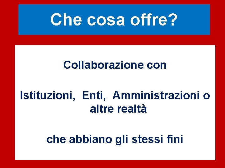 Che cosa offre? Collaborazione con Istituzioni, Enti, Amministrazioni o altre realtà che abbiano gli