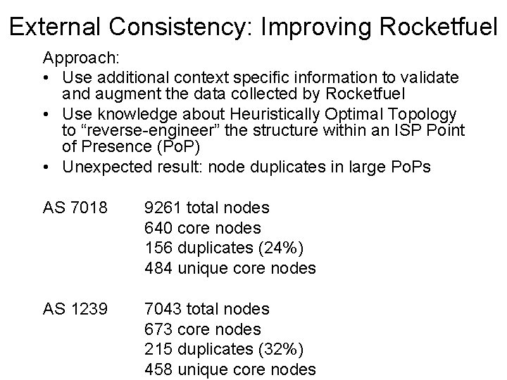 External Consistency: Improving Rocketfuel Approach: • Use additional context specific information to validate and