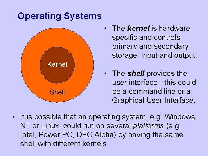 Operating Systems • The kernel is hardware specific and controls primary and secondary storage, Operating Systems • The kernel is hardware specific and controls primary and secondary storage,