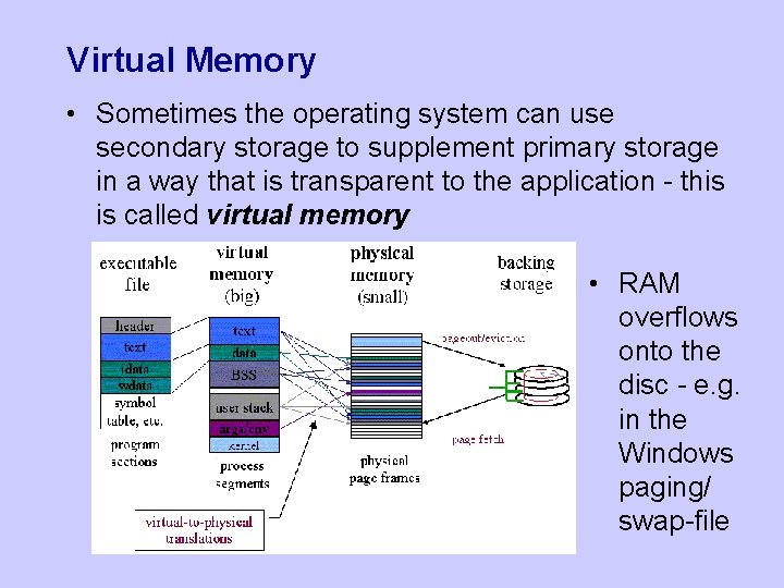 Virtual Memory • Sometimes the operating system can use secondary storage to supplement primary Virtual Memory • Sometimes the operating system can use secondary storage to supplement primary