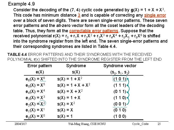 Example 4. 9 Consider the decoding of the (7, 4) cyclic code generated by