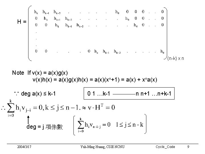 H= (n-k) x n Note If v(x) = a(x)g(x) v(x)h(x) = a(x)g(x)h(x) = a(x)(xn+1)