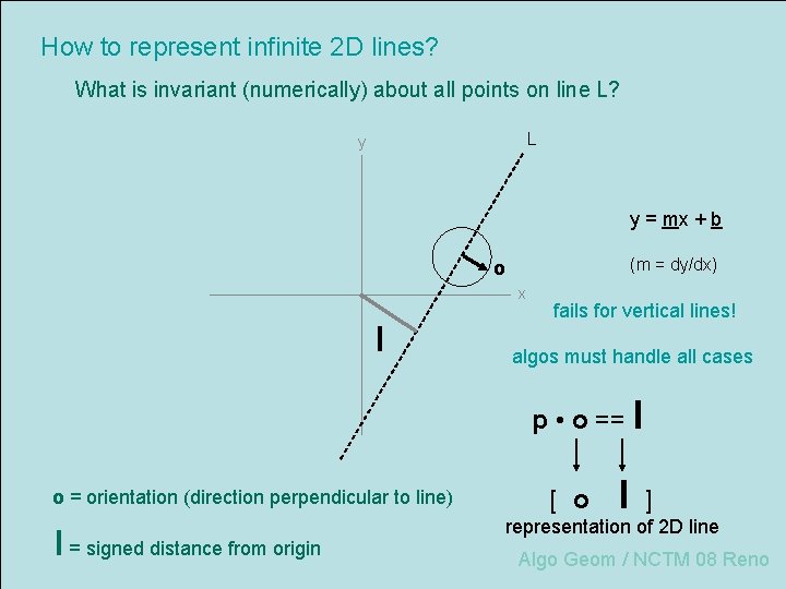 How to represent infinite 2 D lines? What is invariant (numerically) about all points