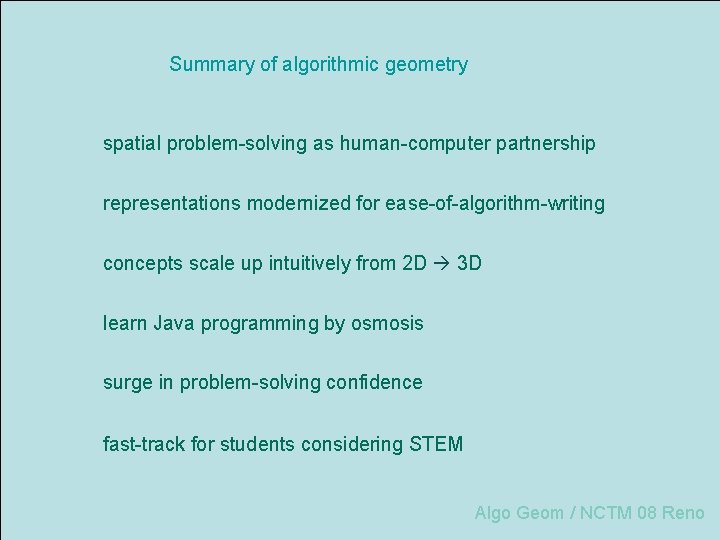 Summary of algorithmic geometry spatial problem-solving as human-computer partnership representations modernized for ease-of-algorithm-writing concepts