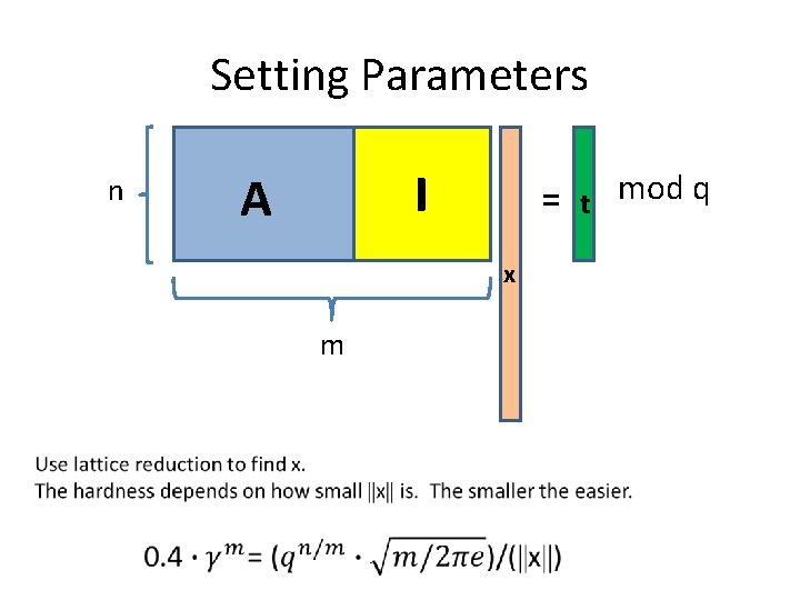 Setting Parameters n I A = x m t mod q 