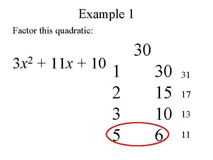 Example 1 Factor this quadratic: 2 3 x + 11 x + 10 30