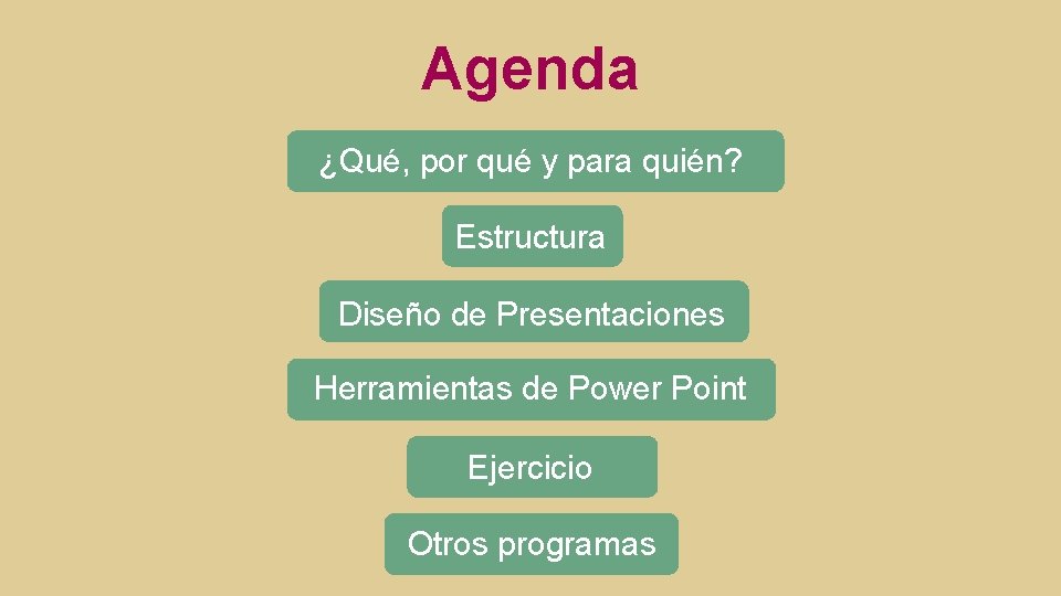 Agenda ¿Qué, por qué y para quién? Estructura Diseño de Presentaciones Herramientas de Power