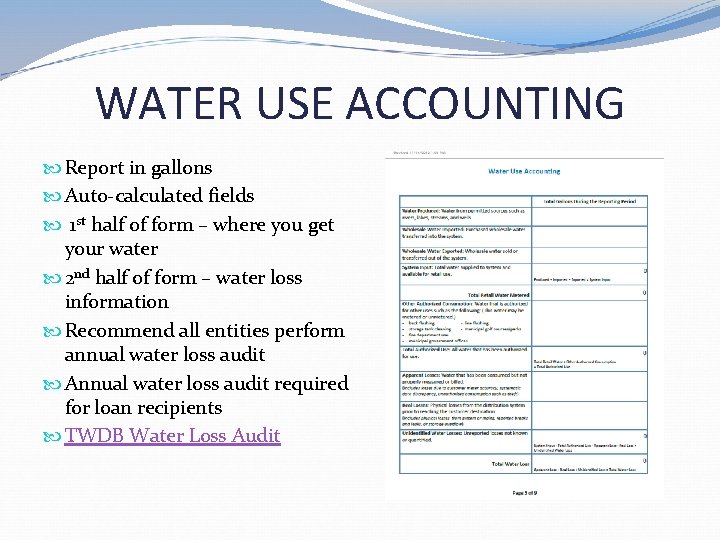 WATER USE ACCOUNTING Report in gallons Auto-calculated fields 1 st half of form – WATER USE ACCOUNTING Report in gallons Auto-calculated fields 1 st half of form –