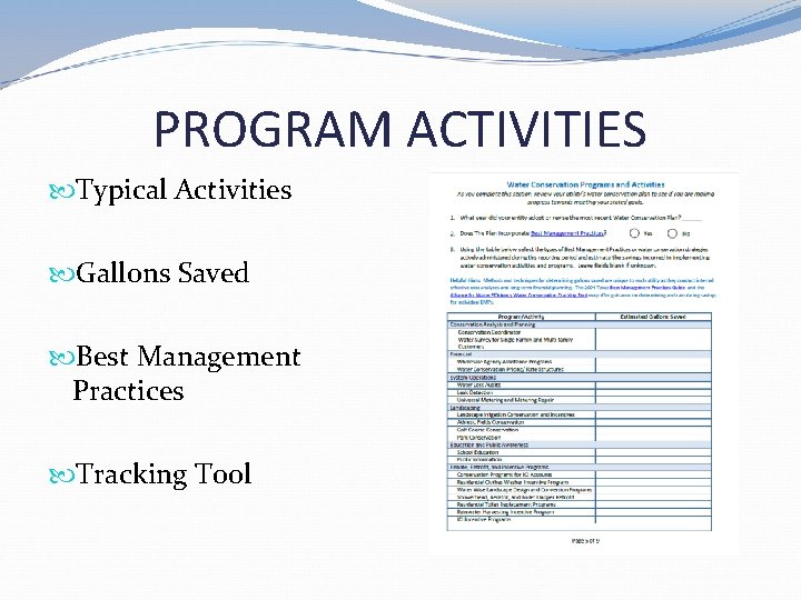 PROGRAM ACTIVITIES Typical Activities Gallons Saved Best Management Practices Tracking Tool  PROGRAM ACTIVITIES Typical Activities Gallons Saved Best Management Practices Tracking Tool