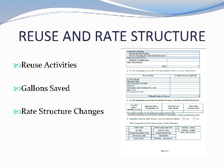REUSE AND RATE STRUCTURE Reuse Activities Gallons Saved Rate Structure Changes  REUSE AND RATE STRUCTURE Reuse Activities Gallons Saved Rate Structure Changes