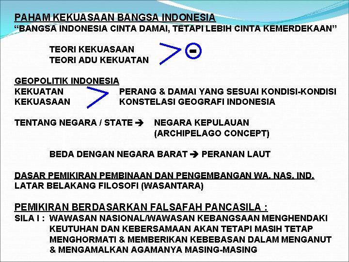 PAHAM KEKUASAAN BANGSA INDONESIA “BANGSA INDONESIA CINTA DAMAI, TETAPI LEBIH CINTA KEMERDEKAAN” TEORI KEKUASAAN