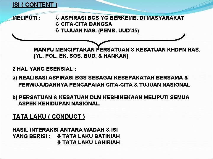 ISI ( CONTENT ) MELIPUTI : ASPIRASI BGS YG BERKEMB. DI MASYARAKAT CITA-CITA BANGSA