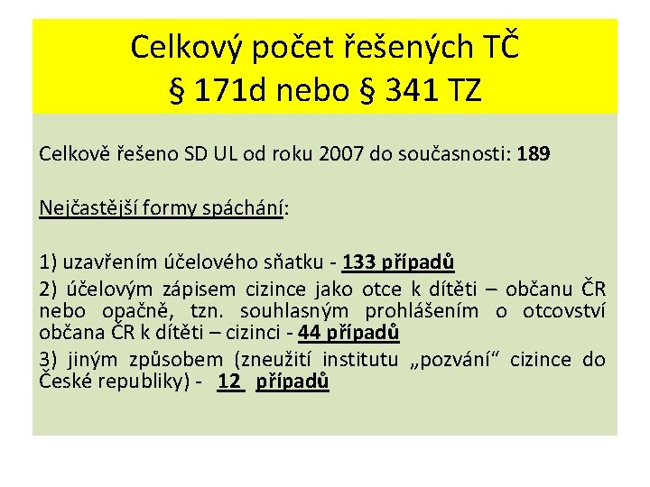 Celkový počet řešených TČ § 171 d nebo § 341 TZ Celkově řešeno SD