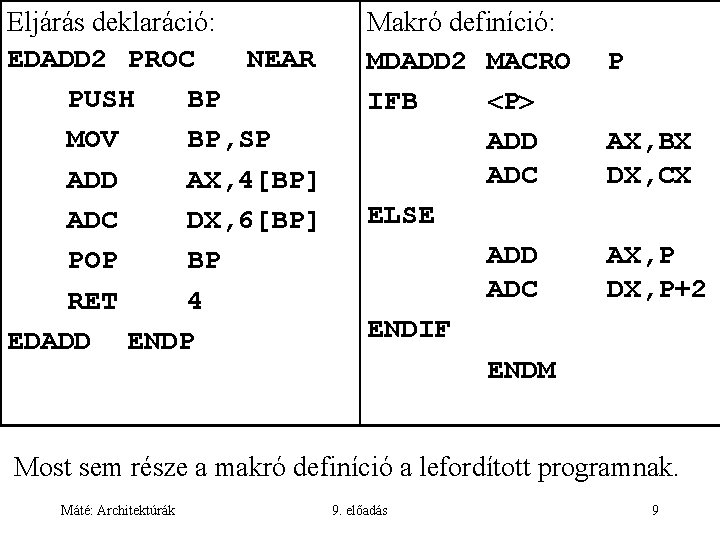 Eljárás deklaráció: EDADD 2 PROC NEAR PUSH BP MOV BP, SP ADD AX, 4[BP]