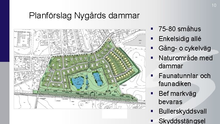 10 Planförslag Nygårds dammar § § § § 75 -80 småhus Enkelsidig allé Gång-