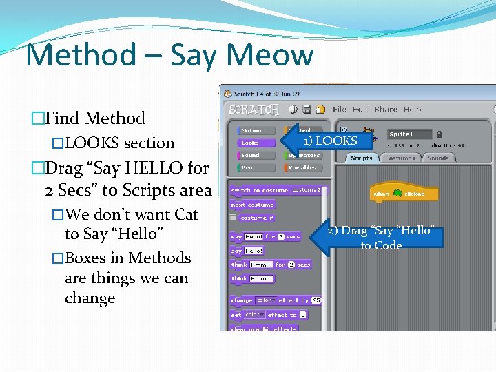 Method – Say Meow �Find Method �LOOKS section �Drag “Say HELLO for 2 Secs”