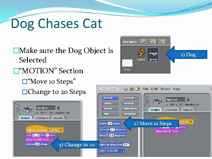 Dog Chases Cat �Make sure the Dog Object is Selected �“MOTION” Section �“Move 10