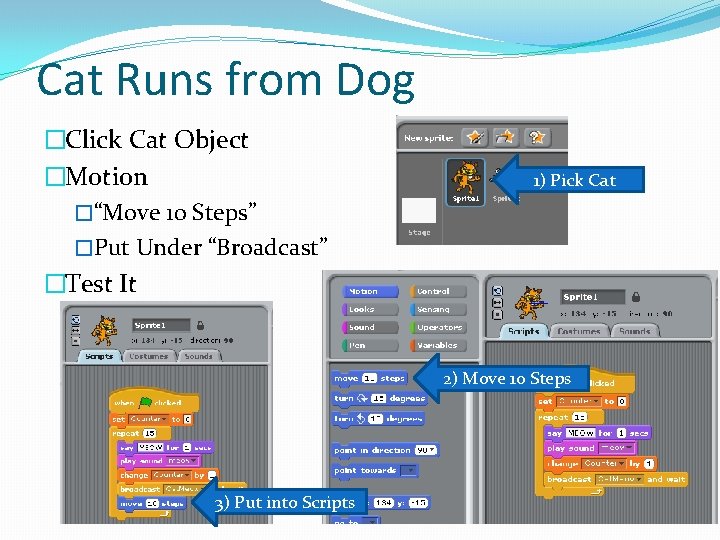 Cat Runs from Dog �Click Cat Object �Motion �“Move 10 Steps” �Put Under “Broadcast”