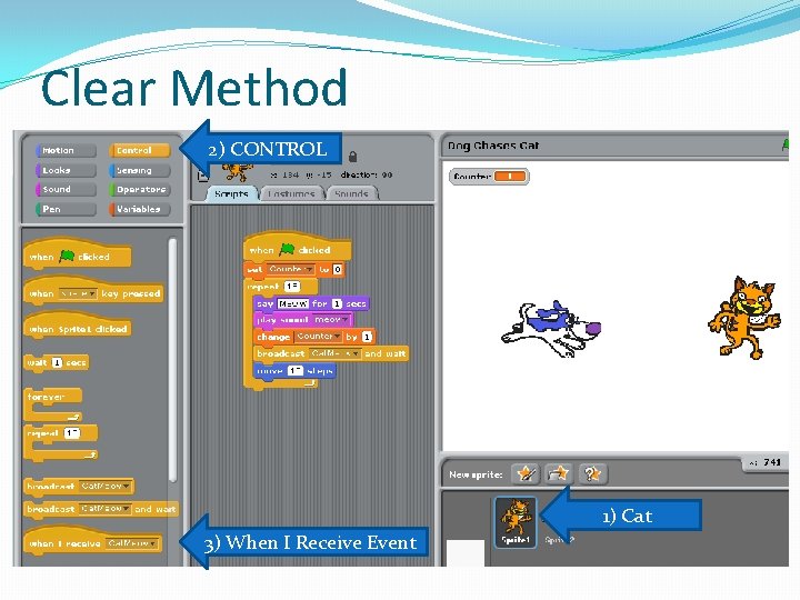 Clear Method 2) CONTROL 1) Cat 3) When I Receive Event 