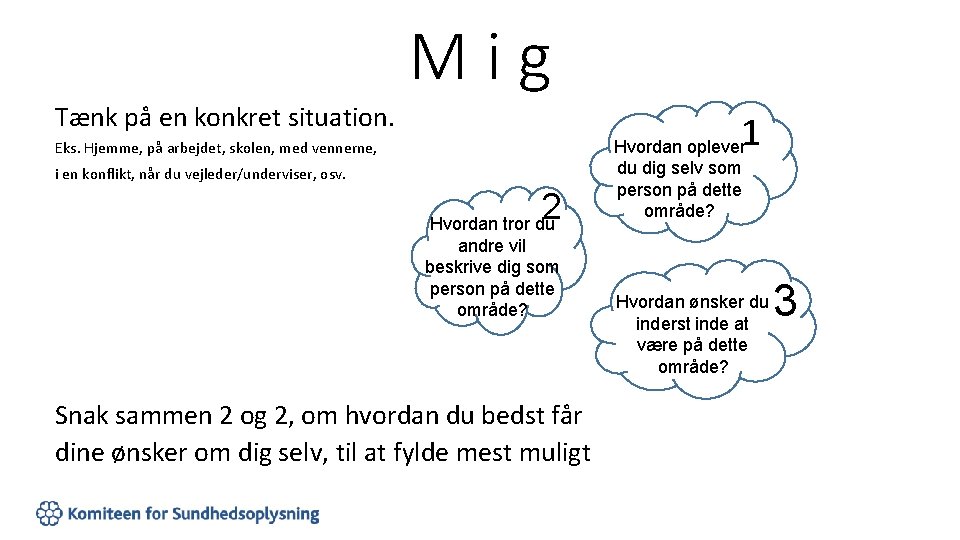 Mig Tænk på en konkret situation. 1 Eks. Hjemme, på arbejdet, skolen, med vennerne,