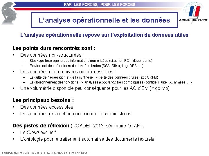 L’analyse opérationnelle et les données L’analyse opérationnelle repose sur l’exploitation de données utiles Les