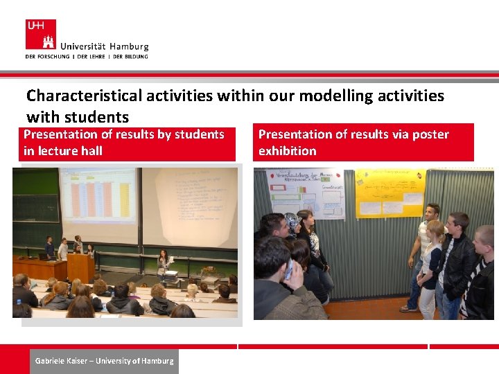 Characteristical activities within our modelling activities with students Presentation of results by students in