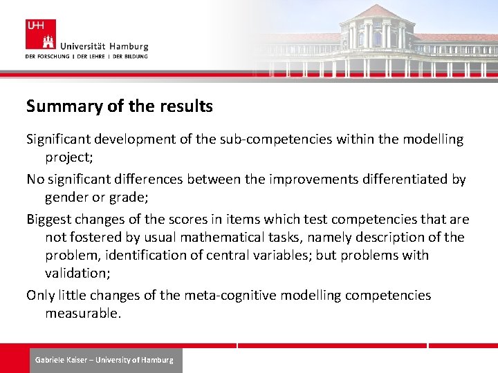 Summary of the results Significant development of the sub-competencies within the modelling project; No