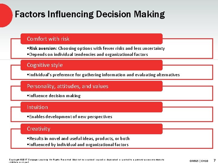 Factors Influencing Decision Making Comfort with risk • Risk aversion: Choosing options with fewer