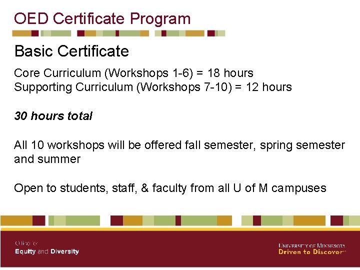 OED Certificate Program Basic Certificate Core Curriculum (Workshops 1 -6) = 18 hours Supporting